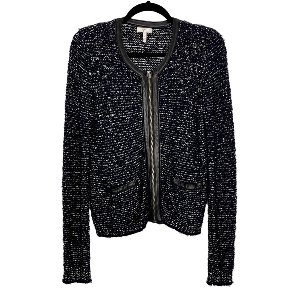 Joie Jacolyn B Tweed Jacket Midnight Blue Full Zip Up Leather Trim Size Small